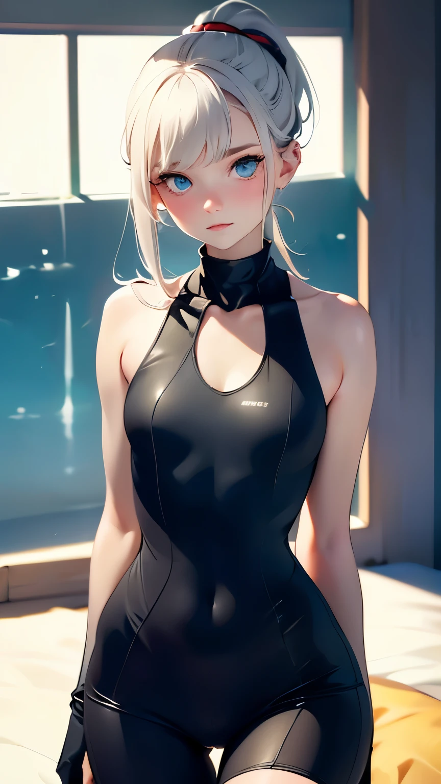  ((Highest quality)), ((masterpiece)), (detailed), Browsing Caution, Small breasts, prominent clavicle, Thin arms, Flat Stomach, Pelvic bones are visible, Long Hair, Redhead, Gray Hair, Blonde, Black Hair, ponytail, thick ponytail, blush、((From Adobe))