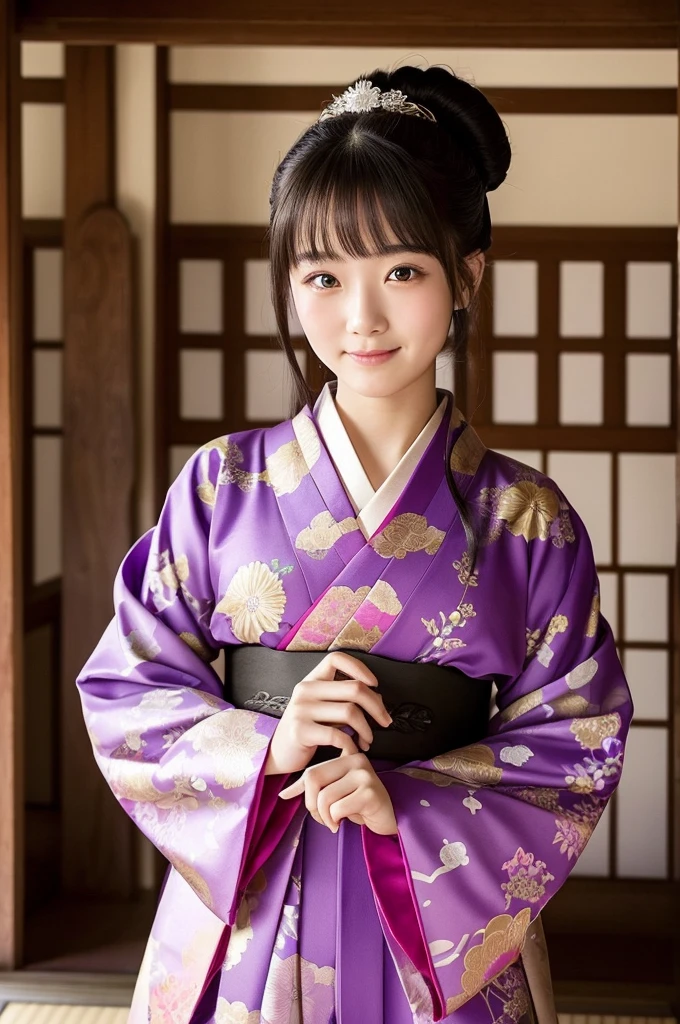 high quality, noble princess, ancient japan, kimono, beautiful girl, gorgeous, contemptuous girl, 19 years old, in a japanese castle, arrogant girl, good hands, contemptuous smile, (she is looking down the viewer with contempt), (she is looking down the viewer), (she mocks me), view from below