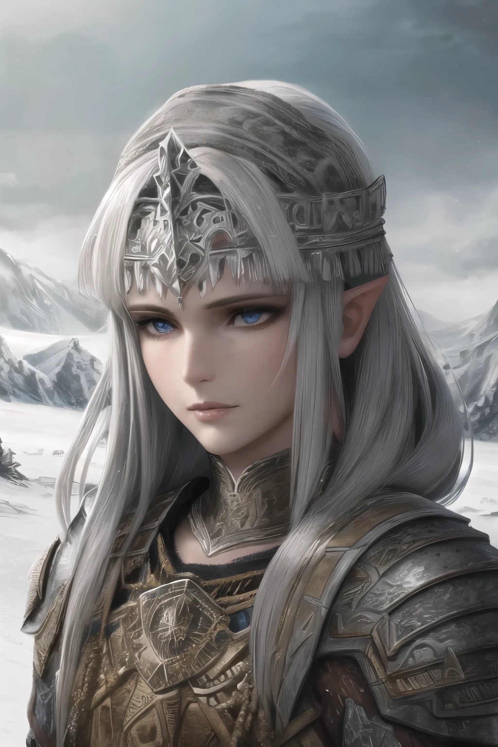 a white orc with bow in hand, snowy mountainous background, looking at camera, closed leather armor, detailed facial features, beautiful detailed eyes, beautiful detailed lips, extremely detailed eyes and face, long eyelashes, detailed clothing textures, dramatic lighting, cinematic composition, fantasy art, epic scale, hyperrealistic, 8k, high quality, masterpiece, photorealistic