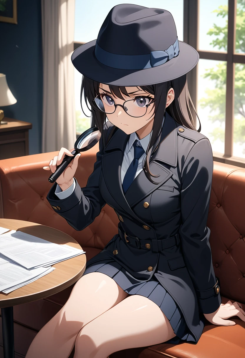 Detective girl, anime, masterpiece, best quality, 1 girl ( black trench coat, suit, skirt, fedora, glasses, cross-legged, sitting on sofa, necktie, right hand hold magnifier:1.2, left hand on sofa), ( table, papers on table ), window, ofice background, bokeh:1.1, serious