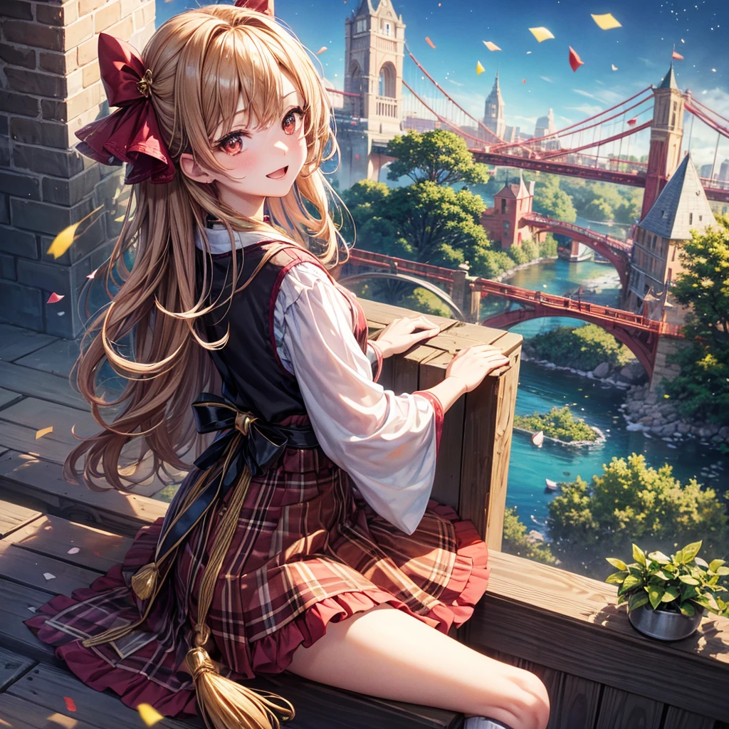 Pink, red, brown, gold, gold hair、Red gold eyes、Hair tied up、One good looking girl、solo、anime、Checkered mini skirt、Ruffles on the skirt、Checked dress、blouse、Kimono、Black knee-high socks、Ribbon、Ribbon on waist、Teeth are visible、Sparkly Necklace、From above、Cobblestones、waterfall、Starry Sky、Midnight Moon、suspension bridge、Confetti、Brick construction、Uphill、An old castle built on a rocky mountain、The scenery is reflected on the water、Sitting on the roof、Legendary Sword