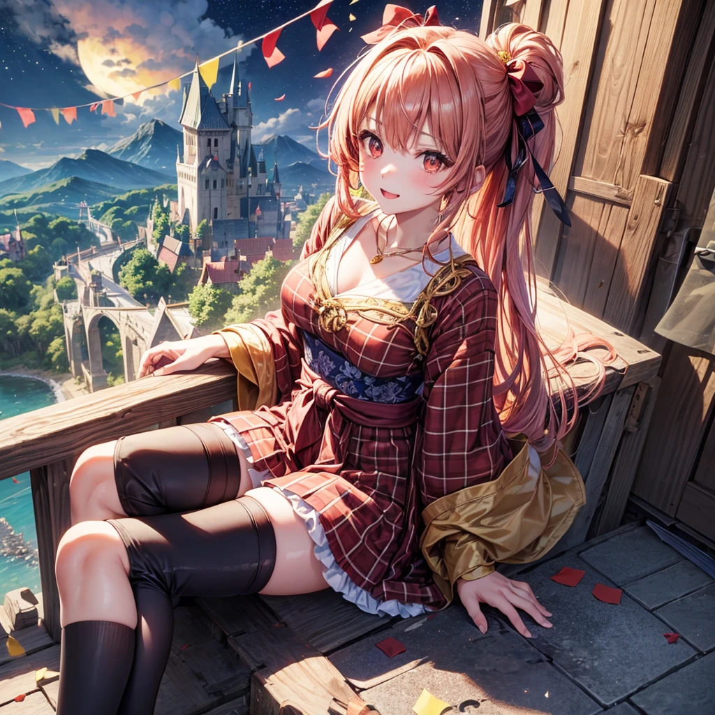 Pink, red, brown, gold, gold hair、Red gold eyes、Hair tied up、One good looking girl、solo、anime、Checkered mini skirt、Ruffles on the skirt、Checked dress、blouse、Kimono、Black knee-high socks、Ribbon、Ribbon on waist、Teeth are visible、Sparkly Necklace、From above、Cobblestones、waterfall、Starry Sky、Midnight Moon、suspension bridge、Confetti、Brick construction、Uphill、An old castle built on a rocky mountain、The scenery is reflected on the water、Sitting on the roof、Legendary Sword