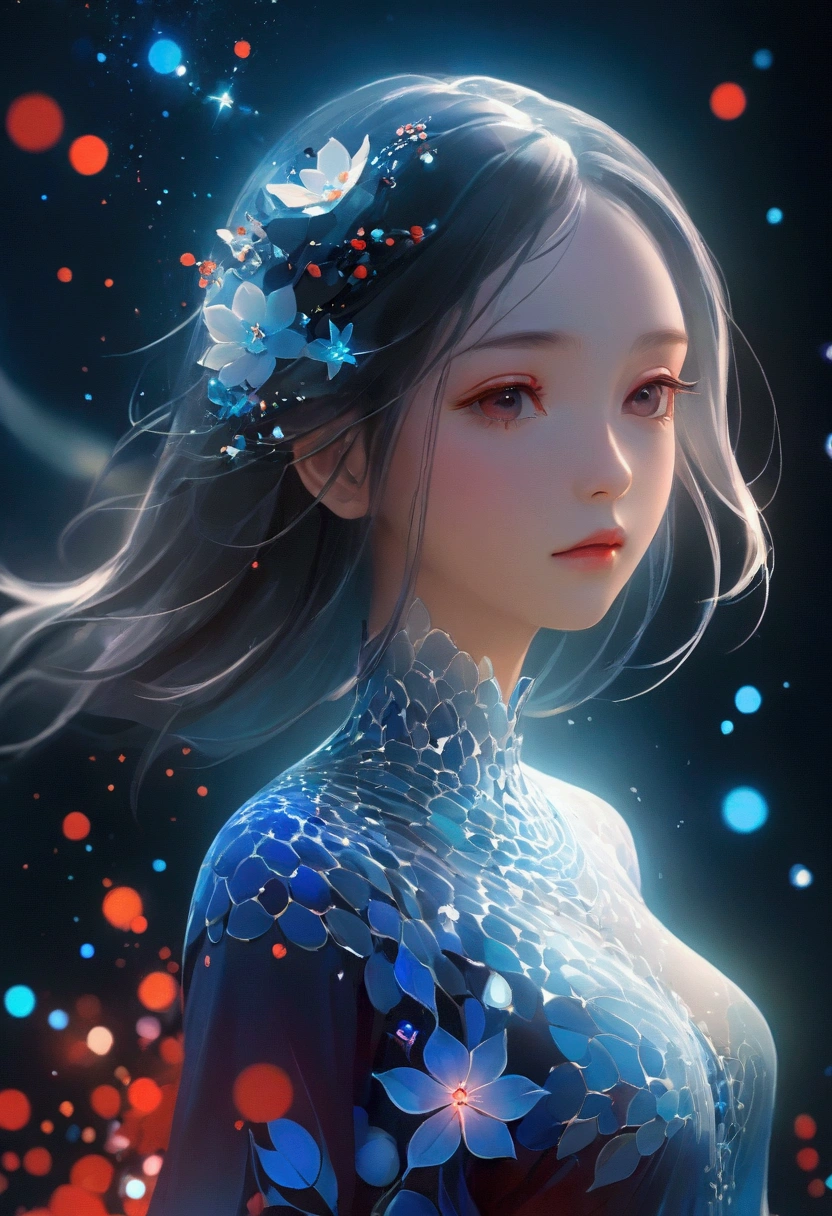 night,Beautiful girl with blue gradient dissolving pixels, Exquisite face, 3D Voxel Blocks, A structure that was initially intact but gradually disintegrated in the air, Thousand Flower Glass, Starry Sky,fantasy,magic,mystery,illusory,Dreamy,Inverted, red symmetry, high quality,Octane Rendering,Concept map of the scene,
