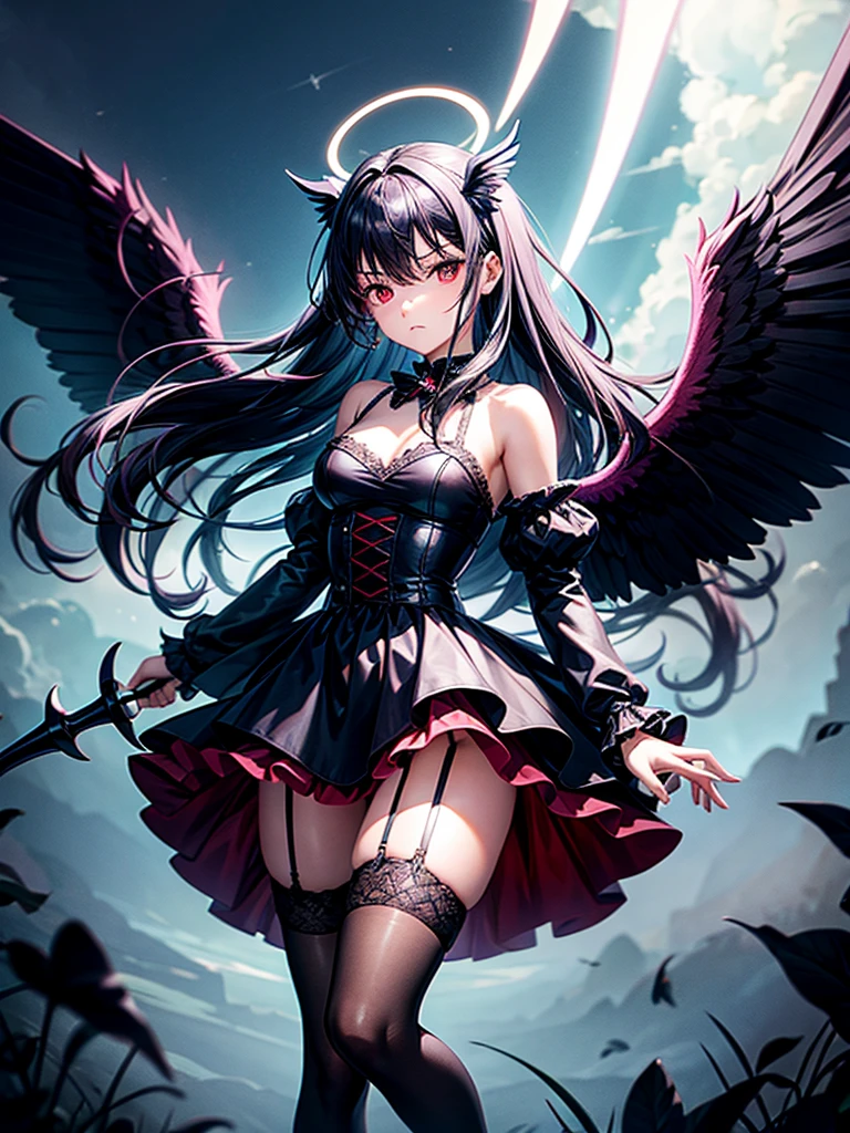 Highest quality,Highest Resolution,Beautiful girl with angry face in gothic ta leotard,High leg,Floating in the air,Halo,Night Sky,Lightning strikes,Thick Lightning,Very beautiful red eyes,rain,豪rain,(((Black angel wings on the back))),whole body,front,Purple Hair,In hand1with two big spears,Knee-high stockings,garter belt,Floating in the air,