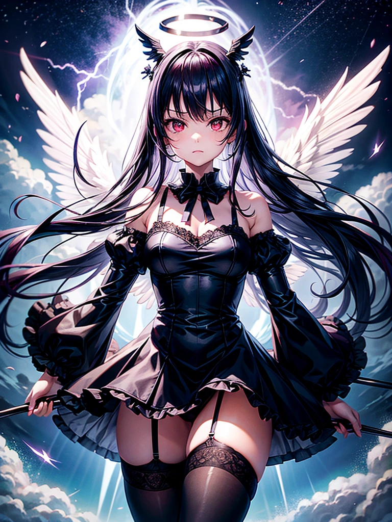 Highest quality,Highest Resolution,Beautiful girl with angry face in gothic ta leotard,High leg,Floating in the air,Halo,Night Sky,Lightning strikes,Thick Lightning,Very beautiful red eyes,rain,豪rain,(((Black angel wings on the back))),whole body,front,Purple Hair,In hand1with two big spears,Knee-high stockings,garter belt,Floating in the air,