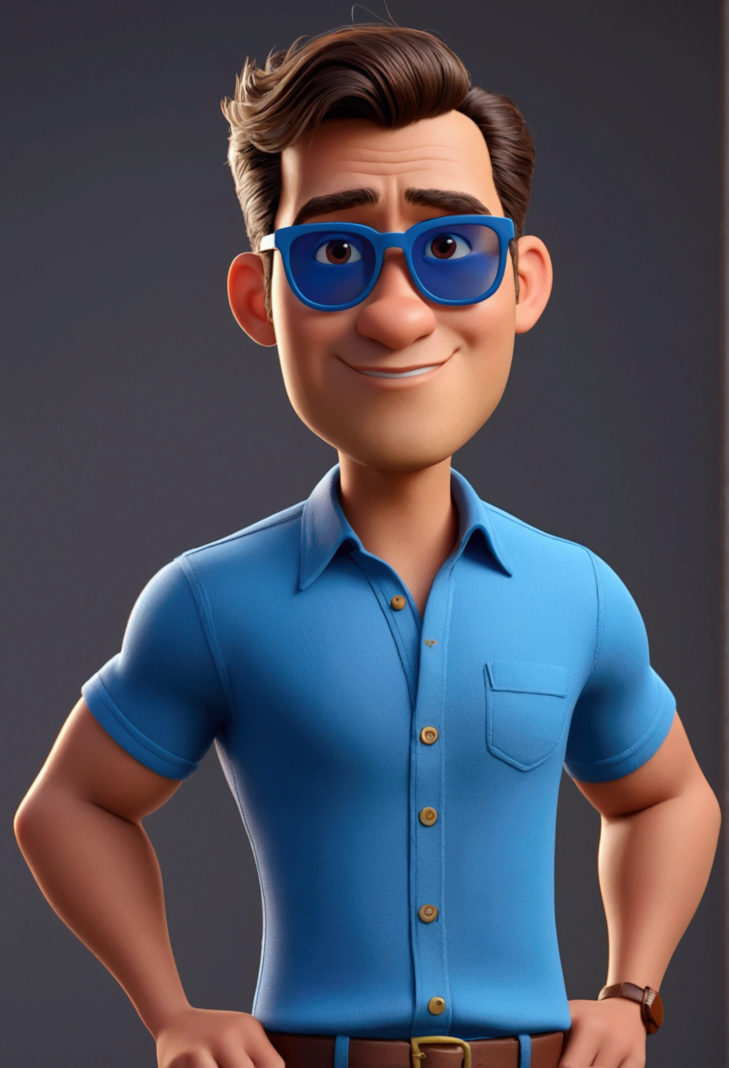 Cartoon character of a man in sunglasses and blue shirt, gray side hair, brownish brown skin, Oval face, animation character, stylized character, animation style rendering, 3d stylized, Arnold Maya rendering, Stylized 3D rendering, toon render screenshot, 3d character, 3d character, Stylized 3D rendering, 3D character rendering, cartoon character, Personagem de close up, character posing, (Pixar-style) (master part:1.2) (bokeh) (best qualityer) (skin detailed) (detailed texture) (8K) (Argilla) (cinematic lighting) (sharp focus