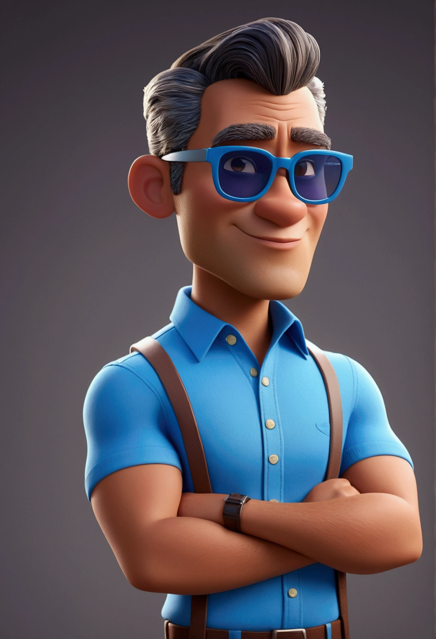 Cartoon character of a man in sunglasses and blue shirt, gray side hair, brownish brown skin, Oval face, animation character, stylized character, animation style rendering, 3d stylized, Arnold Maya rendering, Stylized 3D rendering, toon render screenshot, 3d character, 3d character, Stylized 3D rendering, 3D character rendering, cartoon character, Personagem de close up, character posing, (Pixar-style) (master part:1.2) (bokeh) (best qualityer) (skin detailed) (detailed texture) (8K) (Argilla) (cinematic lighting) (sharp focus