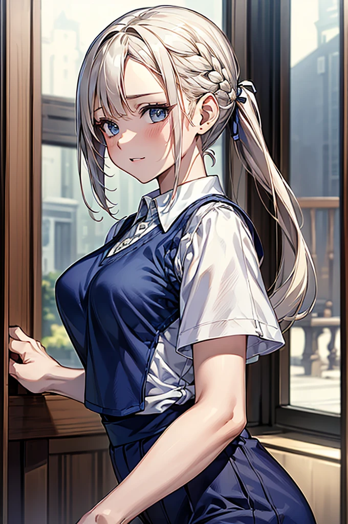 masterpiece、Highest quality、Very detailed、An illustration、Beautiful attention to detail、One Girl、cute、Detailed landscape、Bar Background、Platinum Blonde Hair、Braided Ponytail、((D cup breasts, Collared short-sleeved shirt:1.3, White vest, Navy blue slacks)),