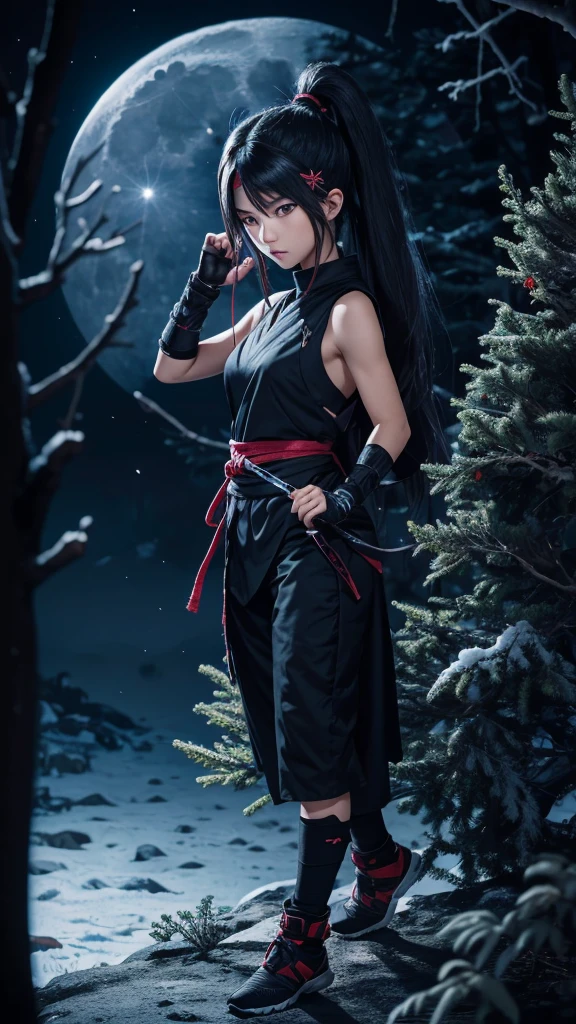 8K resolution, high image quality, high quality, real, female, ninja, kuichi, ice-cold eyes, ninja clothes, or have a shuriken in your hand, moonlit night, full moon, lurking in a pine tree branch, image from head to foot,