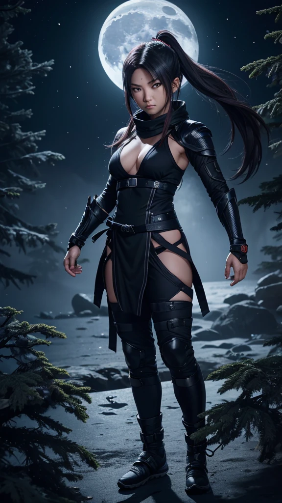 8K resolution, high image quality, high quality, real, female, ninja, kuichi, ice-cold eyes, ninja clothes, or have a shuriken in your hand, moonlit night, full moon, lurking in a pine tree branch, image from head to foot,