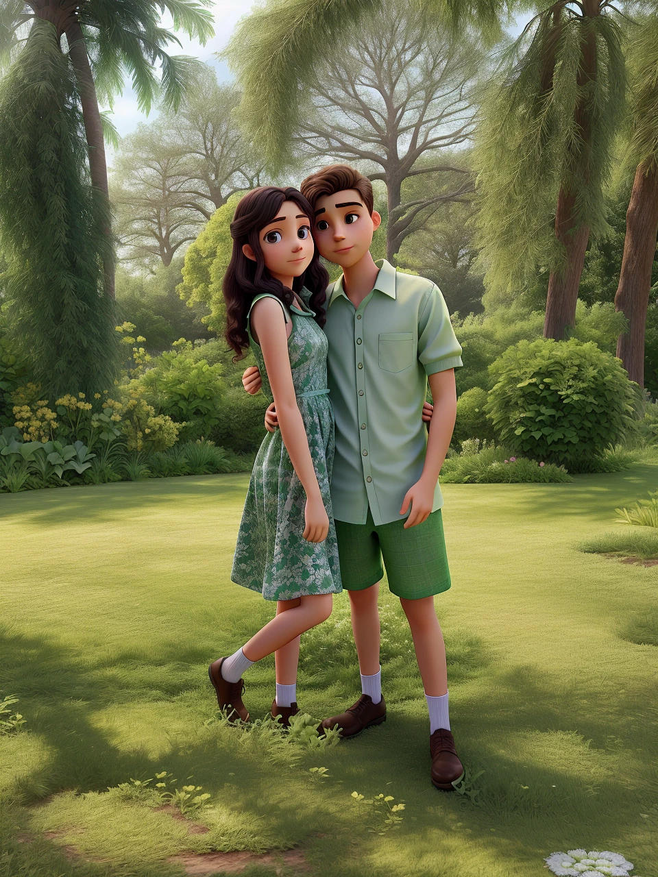 young woman in a green dress and young man both hugging each other looking at the photo, in a garden