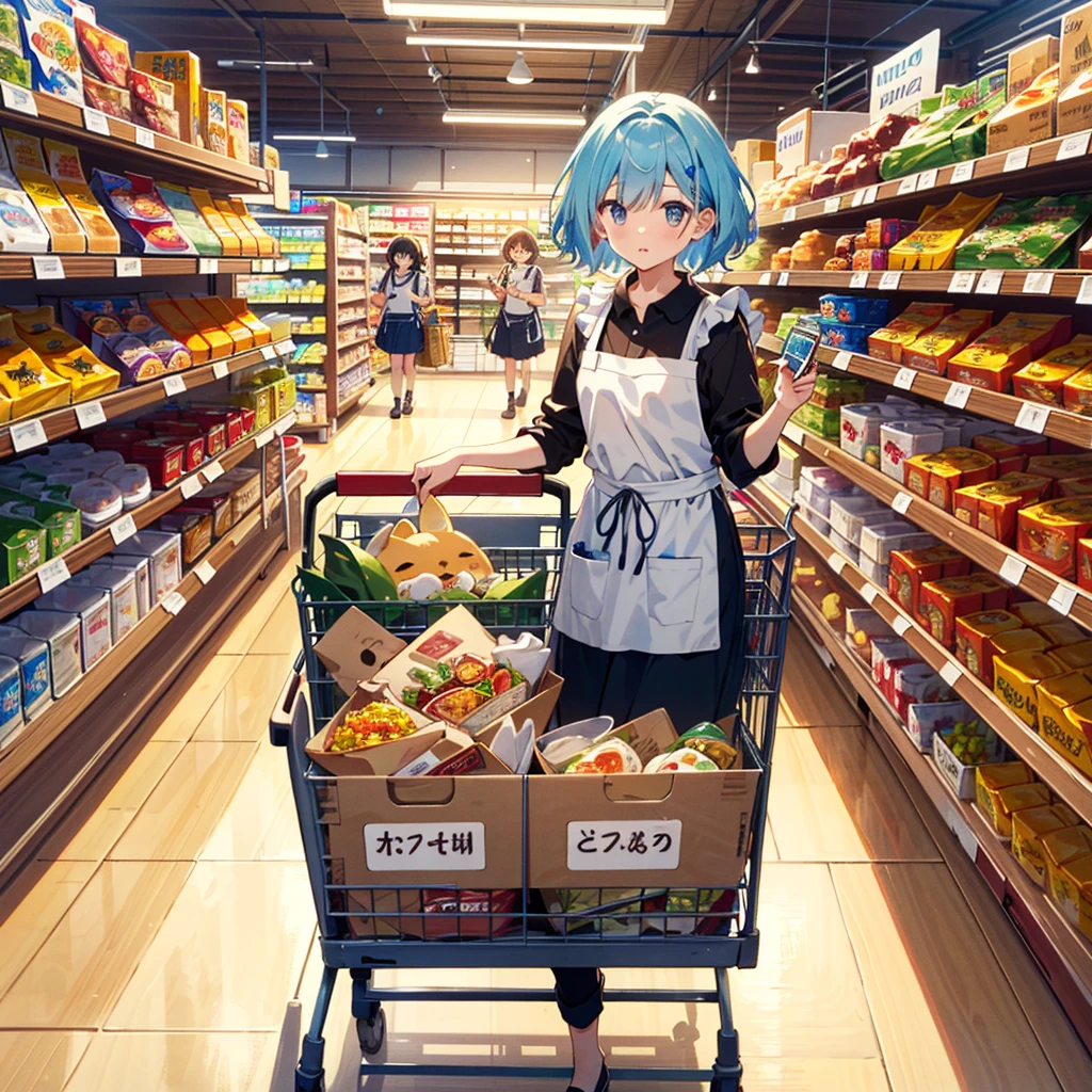 Masterpiece, top quality, high resolution background, bright and beautiful atmosphere, 3 girls (2 years old, 1 short-tempered round face), 1 child) (hair, surface effects), small breasts, grocery store, girl pushing a cart , The ingredients needed for curry are in the cart, I'm putting an apron on my clothes, I'm looking at the shelf next to me, I'm trying to reach the shelf, "deltamon_sdXL :0.73) >Deltamon"
