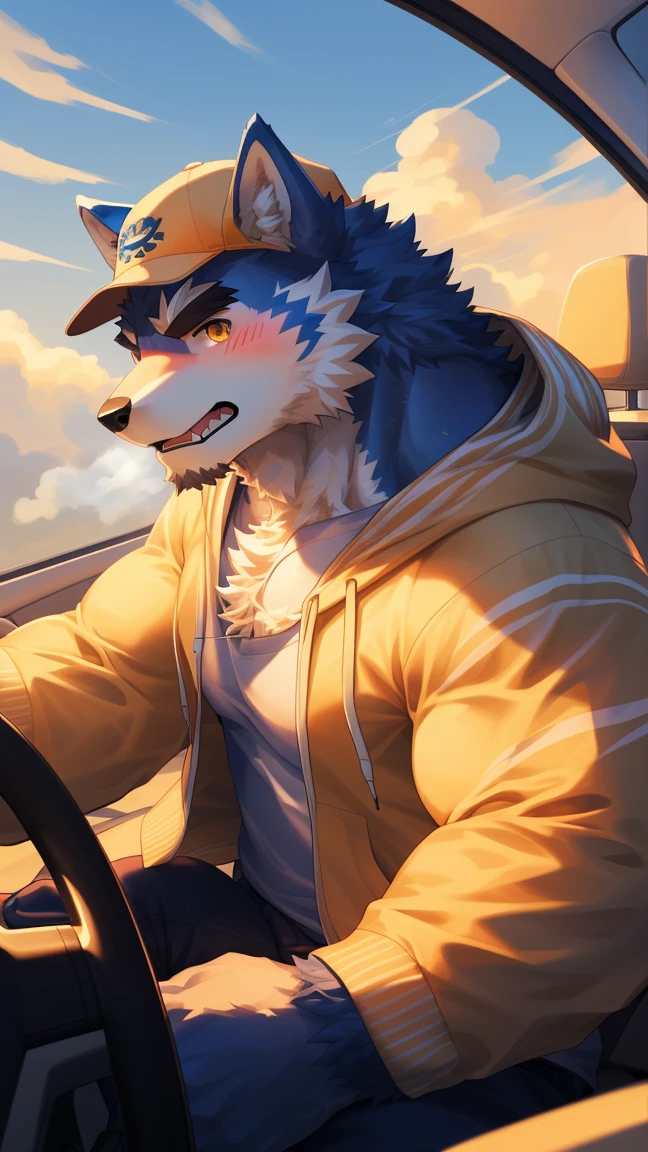 (Vision:1.5), solitary, anthropology, hairy, hairy male, Wolf, ((Fluffy fur, Fluffy, hairy body)), (wolf print), (Thick eyebrows), youth, muscular, White big pectoral muscles, Blue fur, Golden pupils, Detailed teeth, defaced face, fundos, driver, Light yellow plaid hoodie, Baseball cap, cab里, Driving, sideways, Shy expression, blush, (Dynamic poses:1.5), Clear facial features, Strong, majestic, alone, panoramic, Fog atmosphere, early morning, Tyndall Light Effect, cab, Sunlight through the car window, (By Empty Ghost, From wolf20, masterpiece, high quality, high resolution,8K)