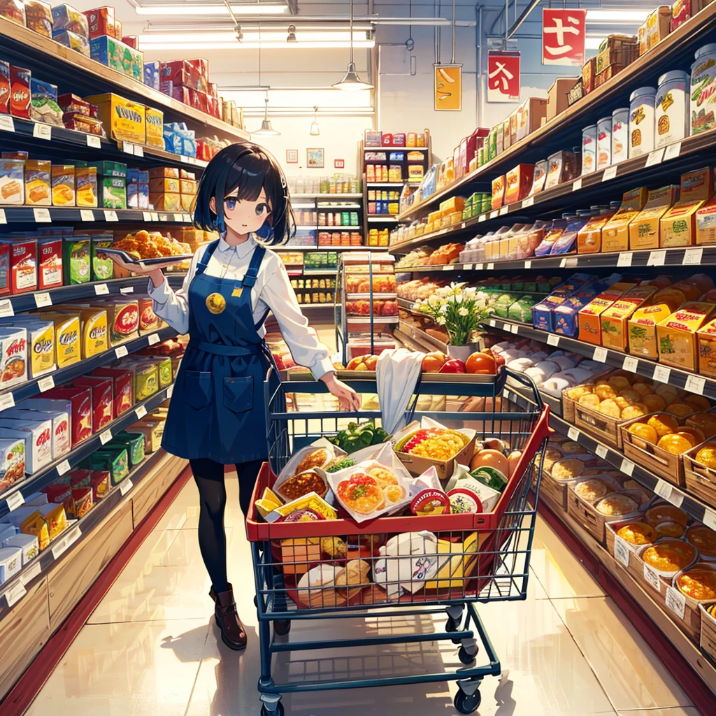 Masterpiece, top quality, high resolution background, bright and beautiful atmosphere, 3 girls (2 , 1 short-tempered round face), 1 child) (hsurface effects), small breasts, grocery store, girl pushing a cart , The ingredients needed for curry are in the cart, I'm putting an apron on my clothes, I'm looking at the shelf next to me, I'm trying to reach the shelf, "deltamon_sdXL :0.73) >Deltamon"