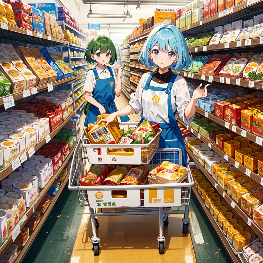 Masterpiece, top quality, high resolution background, bright and beautiful atmosphere, 3 girls (2 , 1 short-tempered round face), 1 child) (hsurface effects), small breasts, grocery store, girl pushing a cart , The ingredients needed for curry are in the cart, I'm putting an apron on my clothes, I'm looking at the shelf next to me, I'm trying to reach the shelf, "deltamon_sdXL :0.73) >Deltamon"