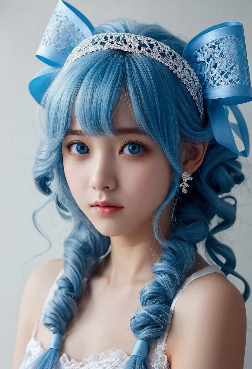 Light blue hair、long、Grating、Big blue ribbon hair ornament、Light blue eyes、Girl