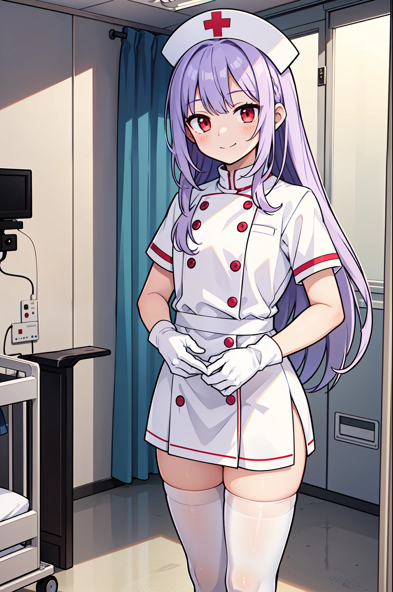 1boy, solo, male focus, nurse, white nurse cap, white nurse uniform, ((white legwear, zettai ryouiki)), white gloves, long hair, purple hair, red eyes, smile, standing, ((hospital room)), sharp outline, short sleeves, shota, 12 years old, best quality, masterpiece