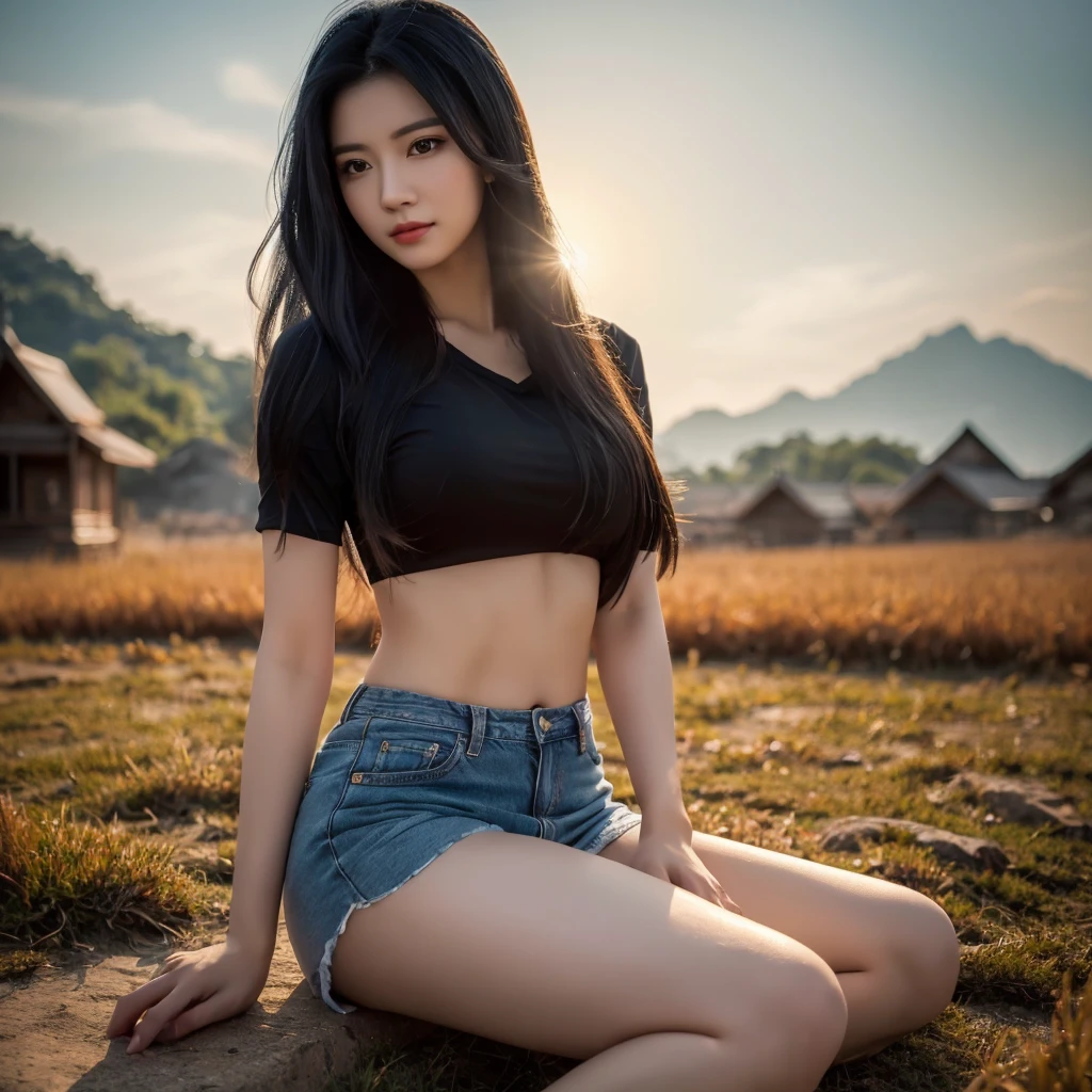 หญิงThai anime, Thai anime, Araffe woman, 25 30 years old, Long-haired woman with a round face,wearing a red shirt, Red cheeks, Pink cheeks, black eyes ตาสองชั้น, black eyes, Thai anime, Has a large chest size of 38 inches., ponytail woman, flowing black hair, long flowing black hair, she has black hair, Her black hair was long and wavy., beautiful black hair, Extra dark natural black hair, The shirt is tight., Looks hot., ,black eyes,abdominal muscles, The evening sun shines, beautiful female model, jaw-dropping beauty, realistically, realistic: Open the aperture wide., professional lighting, Sony A7R4, 50 mm sitting lens. 2 ; Warm light, (digital painting, HDR, high contrast (digital painting, HDR, high contrast), (Highest quality),(Masterpiece:1.3),(sharp focus:1.2:)