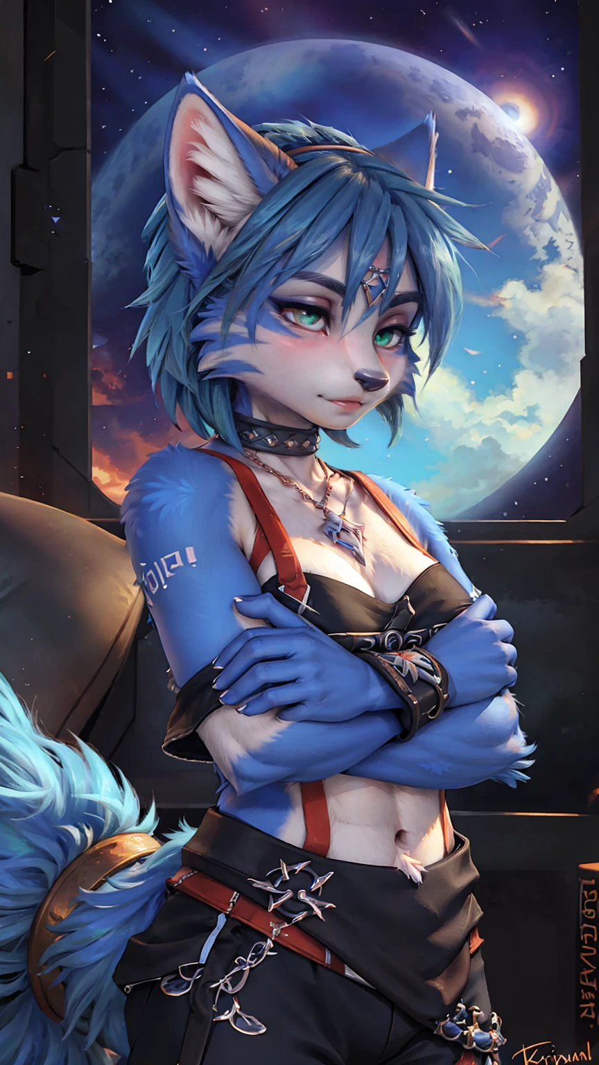 A beautiful and detailed (sweet picture) of ((Krystal)), Star Fox Krystal,  green eyes, medium breasts, (((Long blue hair 1.3))),  anthro, furry, (of Fluff-Kevlar, Bayard Wu, Personalami, Pino Daeni),  detailed fluffy fur, detailed face, (fluffy), 1 girl, alone, Haare bedecken ein Auge:1.4, großes glückliches Lächeln, giving you a thumbs hoch, 