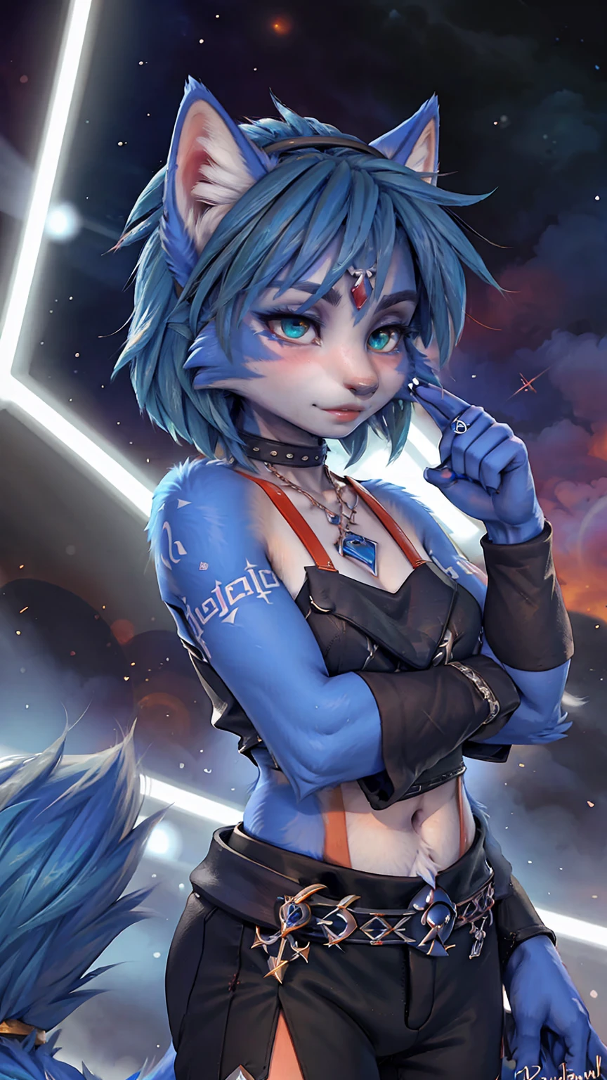 A beautiful and detailed (sweet picture) of ((Krystal)), Star Fox Krystal,  green eyes, medium breasts, (((Long blue hair 1.3))),  anthro, furry, (of Fluff-Kevlar, Bayard Wu, Personalami, Pino Daeni),  detailed fluffy fur, detailed face, (fluffy), 1 girl, alone, Haare bedecken ein Auge:1.4, großes glückliches Lächeln, giving you a thumbs hoch, 