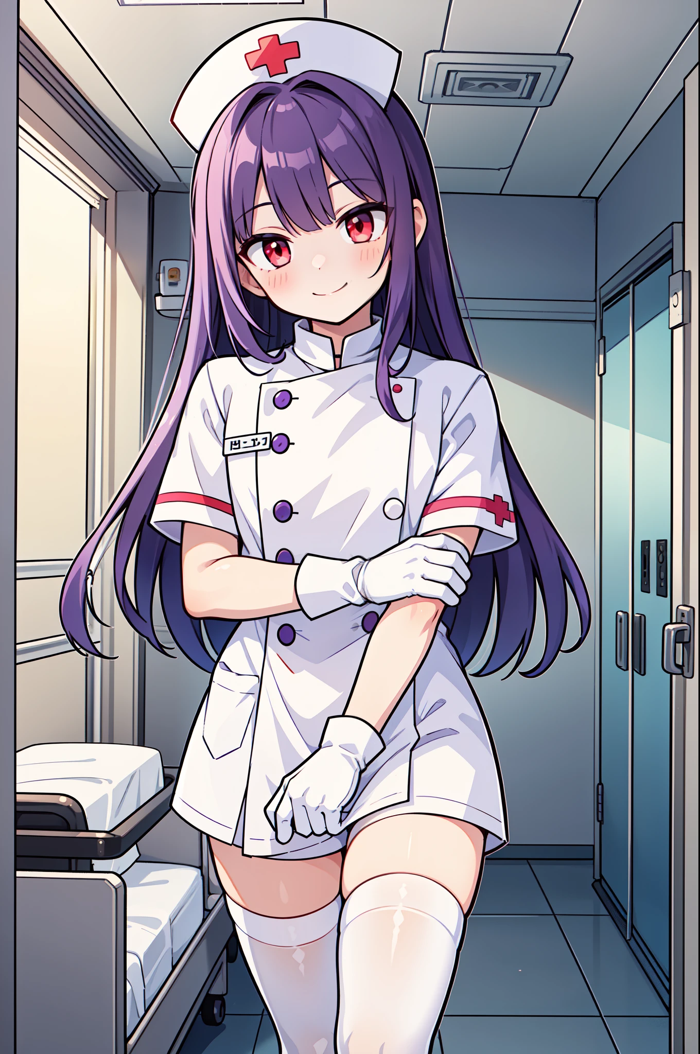 1boy, solo, male focus, nurse, white nurse cap, white nurse uniform, ((white legwear, zettai ryouiki)), white gloves, long hair, purple hair, red eyes, smile, standing, ((hospital room)), sharp outline, short sleeves, shota, , best quality, masterpiece