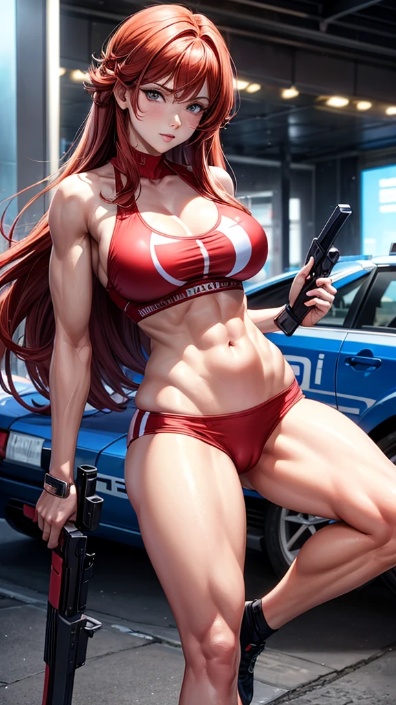 Policerman, realisitic,breastsout, buttjob,long light red hair, athlete body, holding two weapons,police car 