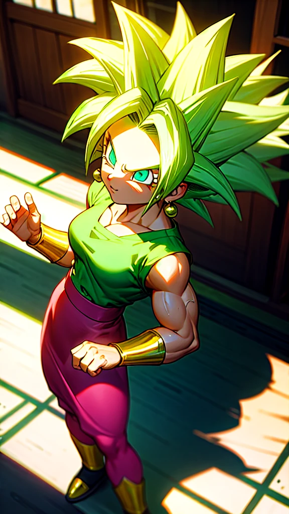 Kefla, keflassj, 1girl, solo, aqua eyes, green hair, spiked hair, super saiyan, super saiyan 1, green earrings, muscular, muscular female, biceps, wearing a white lace blouse and a pink skirt, standing in front of a traditional Japanese building with greenery in the background. The image has a delicate, feminine aesthetic and a relaxed, natural feel.