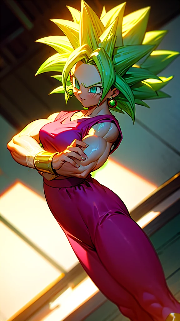 Kefla, keflassj, 1girl, solo, aqua eyes, green hair, spiked hair, super saiyan, super saiyan 1, green earrings, muscular, muscular female, biceps, wearing a white lace blouse and a pink skirt, standing in front of a traditional Japanese building with greenery in the background. The image has a delicate, feminine aesthetic and a relaxed, natural feel.