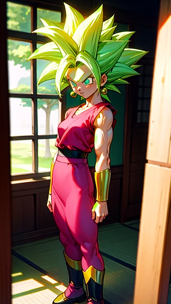 Kefla, keflassj, 1girl, solo, aqua eyes, green hair, spiked hair, super saiyan, super saiyan 1, green earrings, muscular, muscular female, biceps, wearing a white lace blouse and a pink skirt, standing in front of a traditional Japanese building with greenery in the background. The image has a delicate, feminine aesthetic and a relaxed, natural feel.