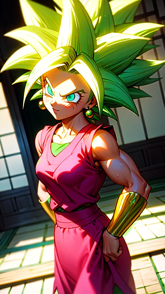 Kefla, keflassj, 1girl, solo, aqua eyes, green hair, spiked hair, super saiyan, super saiyan 1, green earrings, muscular, muscular female, biceps, wearing a white lace blouse and a pink skirt, standing in front of a traditional Japanese building with greenery in the background. The image has a delicate, feminine aesthetic and a relaxed, natural feel.