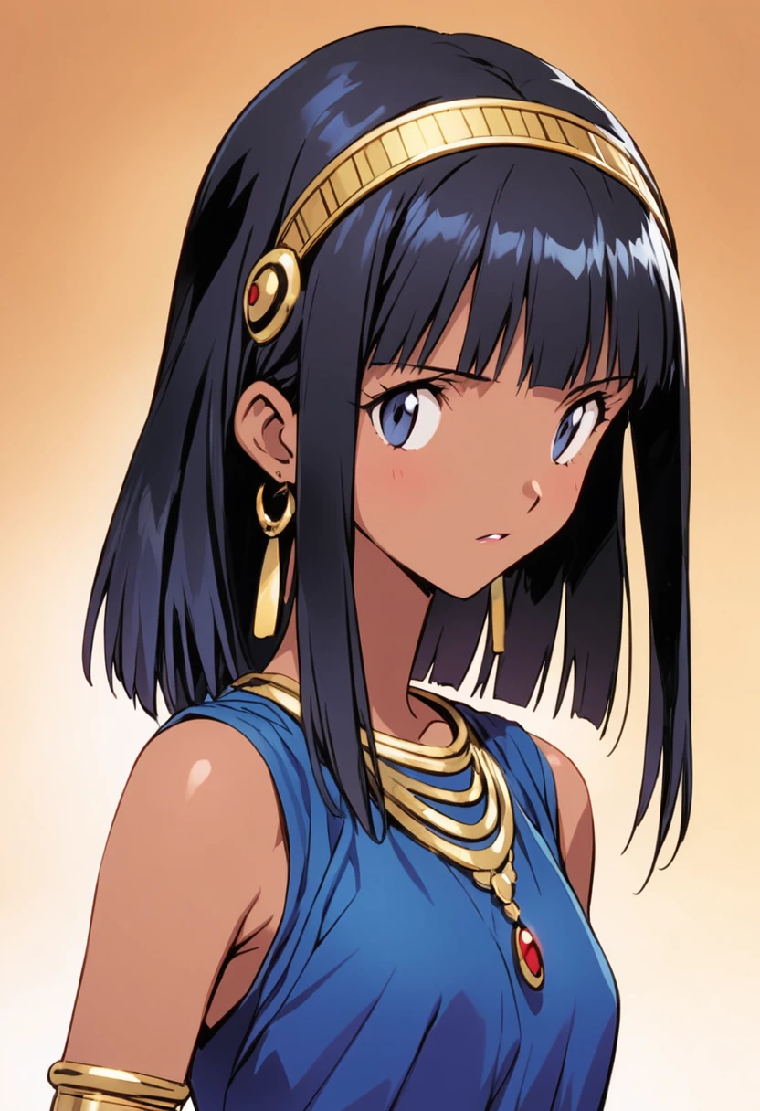 ((masterpiece,High resolution,Highest quality,8K,Detailed faces and anatomy))
(One dark-skinned woman,15 years old,Flat Chest,slender,Black hair bob cut,Dark Skin,Small beautiful eyes,Hanging eyes,Gray Eyes)
Inside the Egyptian palace
(Cleopatra,Ancient Egyptian Costume)