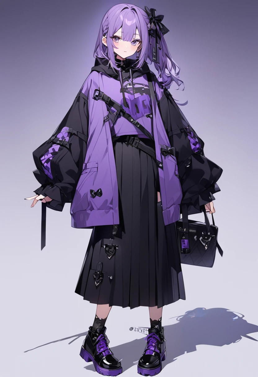 Kate。Purple Eyes。Purple Hair。Purple hoodie。Black Skirt。Black shoes下。Black shoes。Black Ribbon