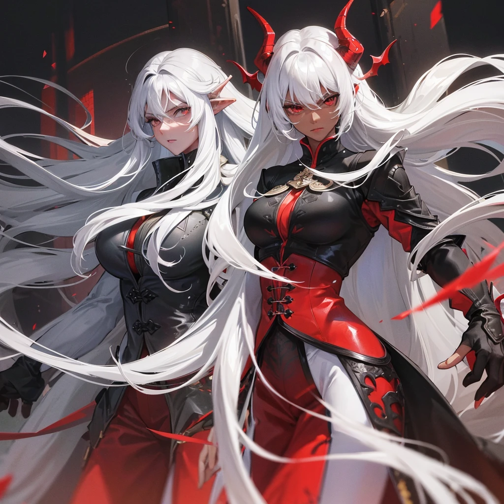 Man, dark skin, white hair, long hair, strong and robust body, handsome face, large demon horns, giant large black wings, black and red suit, intimidating appearance.