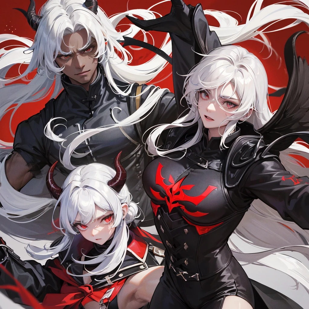 Man, dark skin, white hair, long hair, strong and robust body, handsome face, large demon horns, giant large black wings, black and red suit, intimidating appearance.