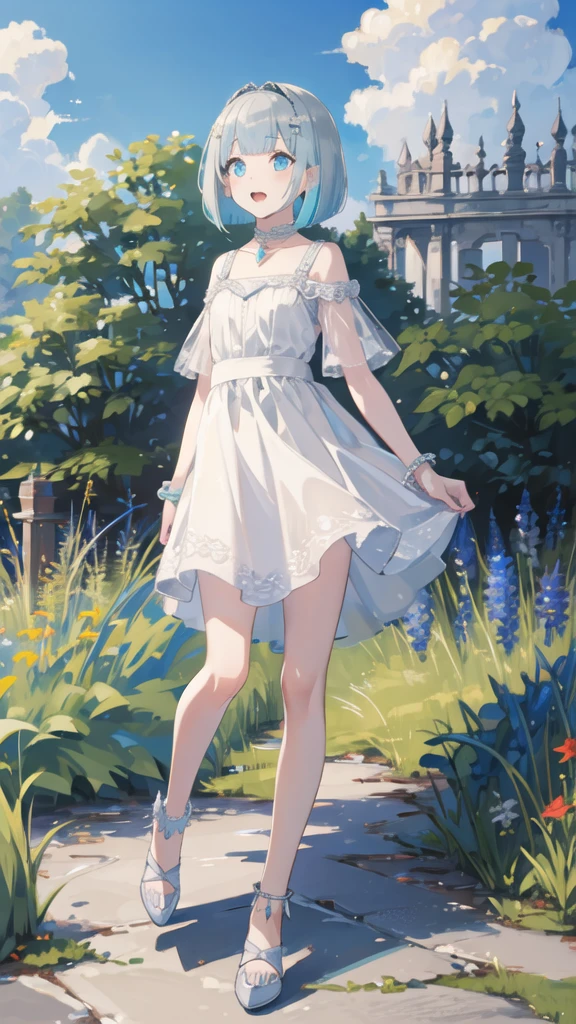 (8K, best quality, master piece: 1.5),super high resolution, One girl, solo, full body, 10 years old, ultra-detailed face, detailed eyes, rainbow colored iris, (cyan eyes), bob cut, Silver gray hair, blunt bangs, hairclip, orgasm face, pale skin, Medium chest, princess dress, bare legs, anklet, garden, standing