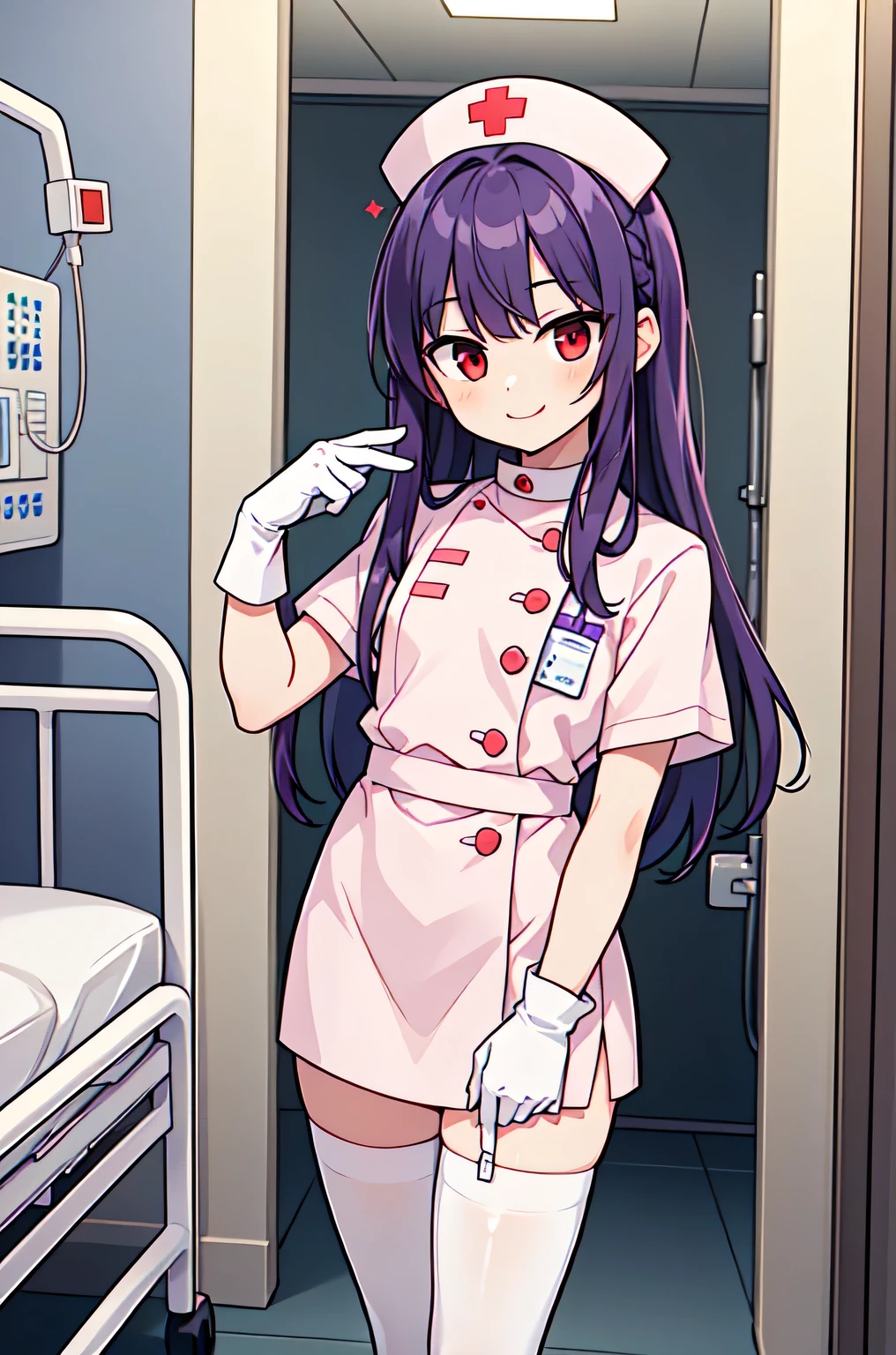 1boy, solo, male focus, nurse, white nurse cap, white nurse uniform, ((white legwear, zettai ryouiki)), white gloves, long hair, purple hair, red eyes, smile, standing, ((hospital room)), sharp outline, short sleeves, shota, , best quality, masterpiece