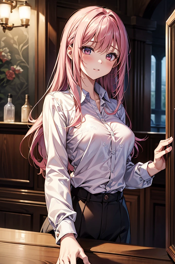 masterpiece、Highest quality、Very detailed、An illustration、Beautiful attention to detail、One Girl、cute、Detailed landscape、Bar Background、Pink Hair、Long Hair、((C cup breasts, Collared shirt:1.3, slacks)), 