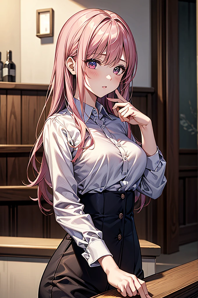 masterpiece、Highest quality、Very detailed、An illustration、Beautiful attention to detail、One Girl、cute、Detailed landscape、Bar Background、Pink Hair、Long Hair、((C cup breasts, Collared shirt:1.3, slacks)), 