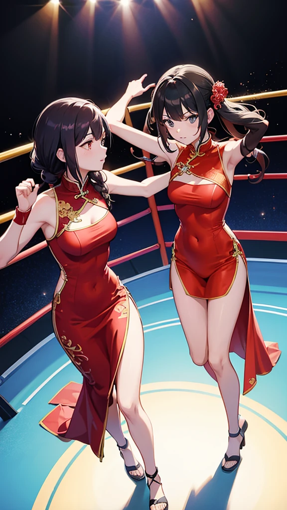 Two women in Chinese dresses are fighting in the ring