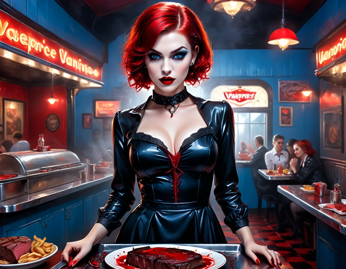 a 3D digital painting picture of extremely (beautiful female vanpire:1.3) serving a big juicy raw steak on a tray, dripping blood in a goth American diner, an exquisite beautiful female (vampire:1.3), (full body: 1.1) ultra feminine ultra detailed face, red hair, short hair, red lips, blue eyes, wearing sexy white seductive latex dress, serving a goth diner American kitchen background, full body dynamic angle, , award winning, best quality, high quality, high details, highres, vibrant, Ultra-high resolution, High Contrast, (masterpiece:1.5), highest quality, Best aesthetics, best details, best quality, highres, ultra wide angle, 16k, [ultra detailed], masterpiece, best quality, photorealistic, 3D rendering, hud_s1n, short black dress, long sleeves, veil, thighhighs