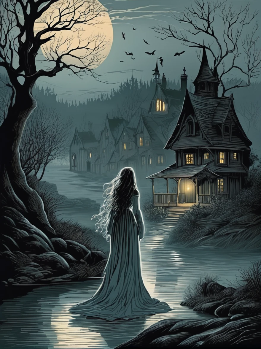 A quaint village is haunted by the
legend of The Hollow Maiden, a
ghostly figure seen wandering
near the riverbank at dusk. She
appears as a beautiful woman in a
flowing gown, but her face is
empty, a void that traps the souls
of those beguiled by her mourning
cries.