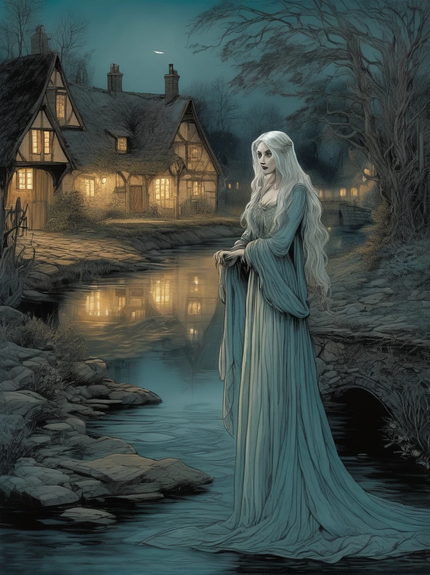 A quaint village is haunted by the
legend of The Hollow Maiden, a
ghostly figure seen wandering
near the riverbank at dusk. She
appears as a beautiful woman in a
flowing gown, but her face is
empty, a void that traps the souls
of those beguiled by her mourning
cries.