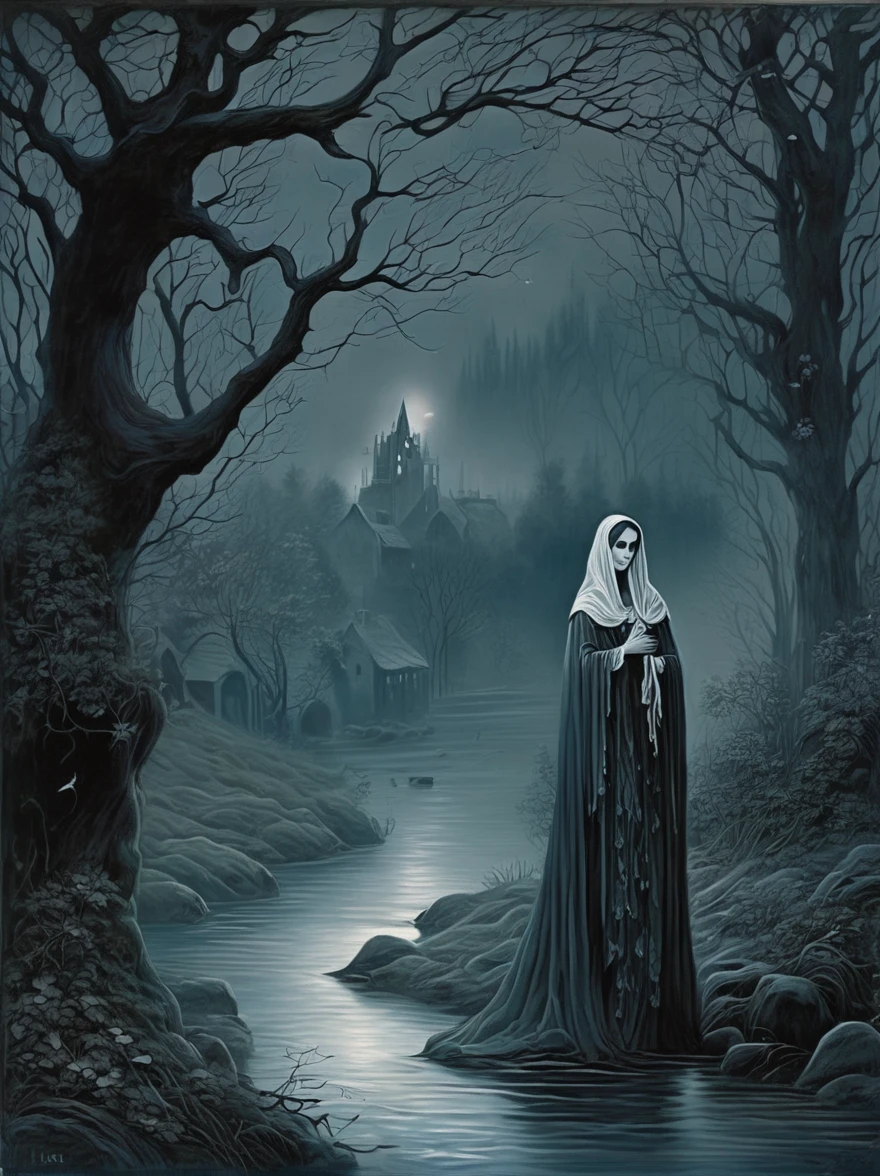 A quaint village is haunted by the
legend of The Hollow Maiden, a
ghostly figure seen wandering
near the riverbank at dusk. She
appears as a beautiful woman in a
flowing gown, but her face is
empty, a void that traps the souls
of those beguiled by her mourning
cries.