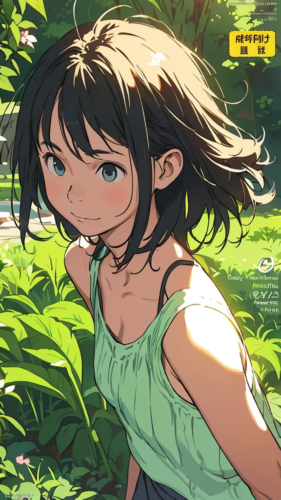 reasonable design, Clear lines, High Sharpness, (highest quality,8K,Perfect sharpness,Ultra fine,High resolution,masterpiece:1.2), Perfect Anatomy:1.5, Official Art, Illustrations that tell a story, (Whitish background:0. 9）、Body Positivity、More Mr.Physical expression、（Random and mischievous poses）、Perfect beauty、Perfect beautiful face、Strong winds、A rich expression、Dynamic composition、smile、Golden ratio composition、colorful、（Mr.Different angles and perspectives）、anime art、mini skirt、（Overcoming stereotypes）、 Glowing Skin、（Natural beauty）、smile、bangs、Straight Hair、（Soft and flowing hair）、（Rural Scenery）、（Nostalgic atmosphere）、Insert up to the thighs、（Playful and carefree）、（More Mr.Ethnic characters）、（innocent attitude）、（Sunny atmosphere）、Skirt flipped up、（Bright colors）、Belly button exposed、Beautiful Eyes、A skirt fluttering in the wind、Put it in to your feet、Some composition patterns、Tank top、sensuous、Geometric pattern、emotional、Symposium cover、