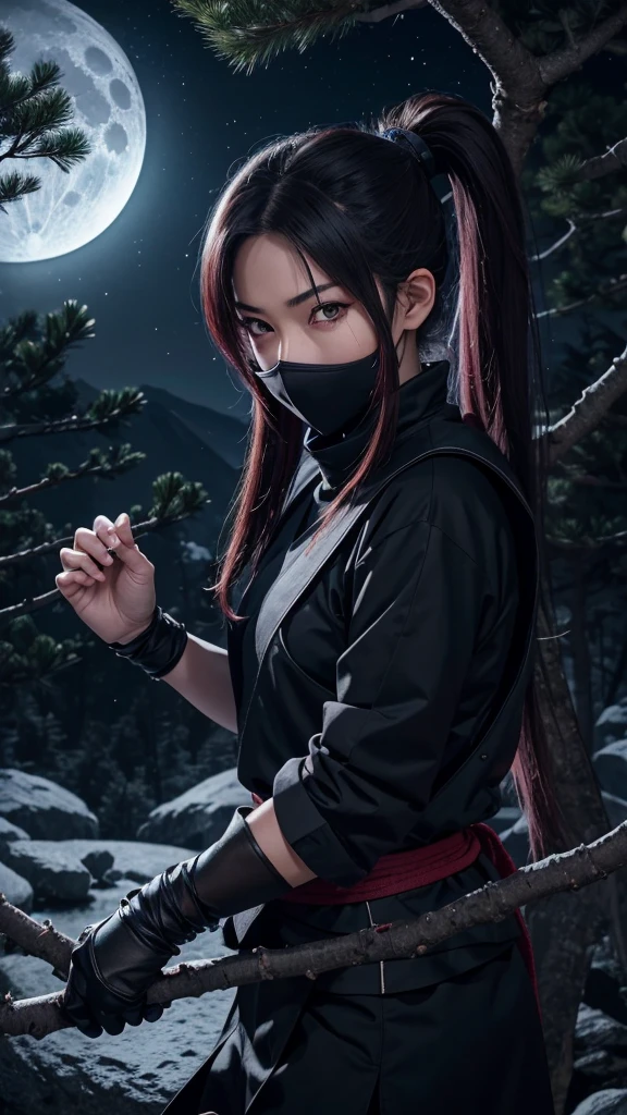 8K resolution, high image quality, high quality, real, female, ninja, kuichi, ice-cold eyes, ninja clothes, or have a shuriken in your hand, moonlit night, full moon, lurking in a pine tree branch, image from head to foot,