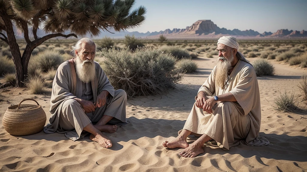 Create an image evocative of the Parable of the Traveler and the Old Man: a young traveler with simple clothes and a staff, in a desert setting, encounters a wise old man with a long beard and traditional robes, sitting under a shady tree. The setting should reflect an atmosphere of wisdom and serenity, with a gentle sunset in the background and details such as a sandy path, ancient stones and a vast horizon, which symbolize the journey and the search for knowledge. 