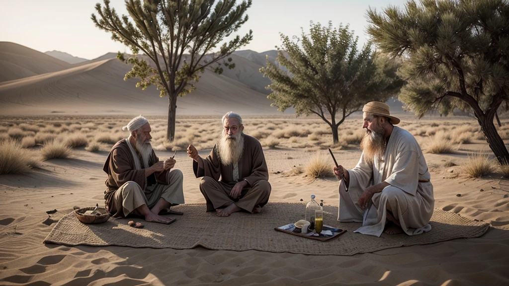 Create an image evocative of the Parable of the Traveler and the Old Man: a young traveler with simple clothes and a staff, in a desert setting, encounters a wise old man with a long beard and traditional robes, sitting under a shady tree. The setting should reflect an atmosphere of wisdom and serenity, with a gentle sunset in the background and details such as a sandy path, ancient stones and a vast horizon, which symbolize the journey and the search for knowledge.