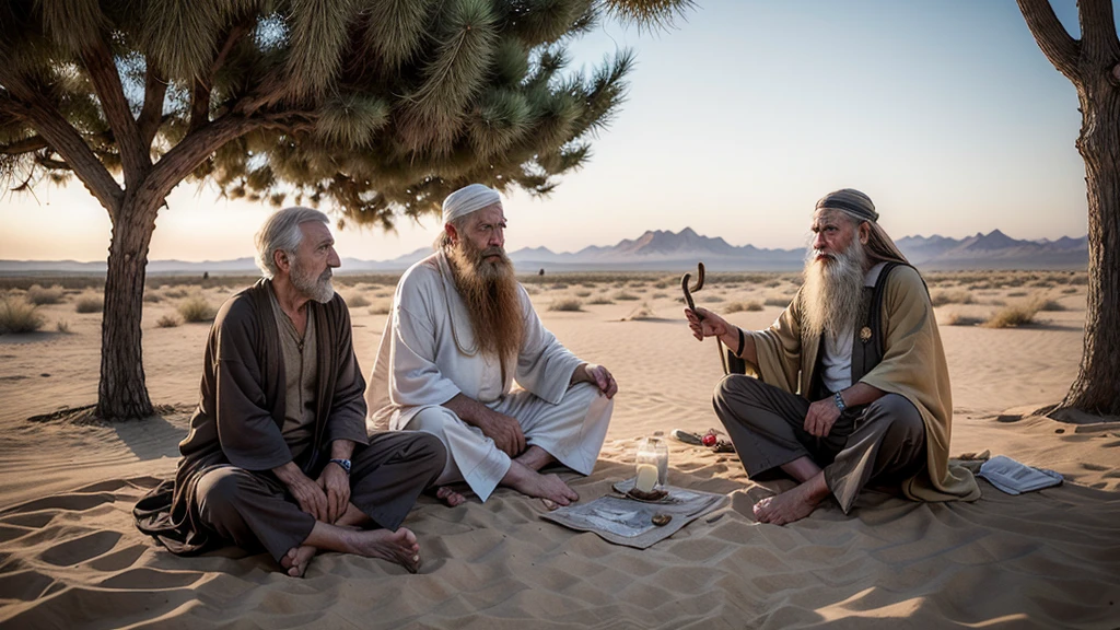 Create an image evocative of the Parable of the Traveler and the Old Man: a young traveler with simple clothes and a staff, in a desert setting, encounters a wise old man with a long beard and traditional robes, sitting under a shady tree. The setting should reflect an atmosphere of wisdom and serenity, with a gentle sunset in the background and details such as a sandy path, ancient stones and a vast horizon, which symbolize the journey and the search for knowledge. 