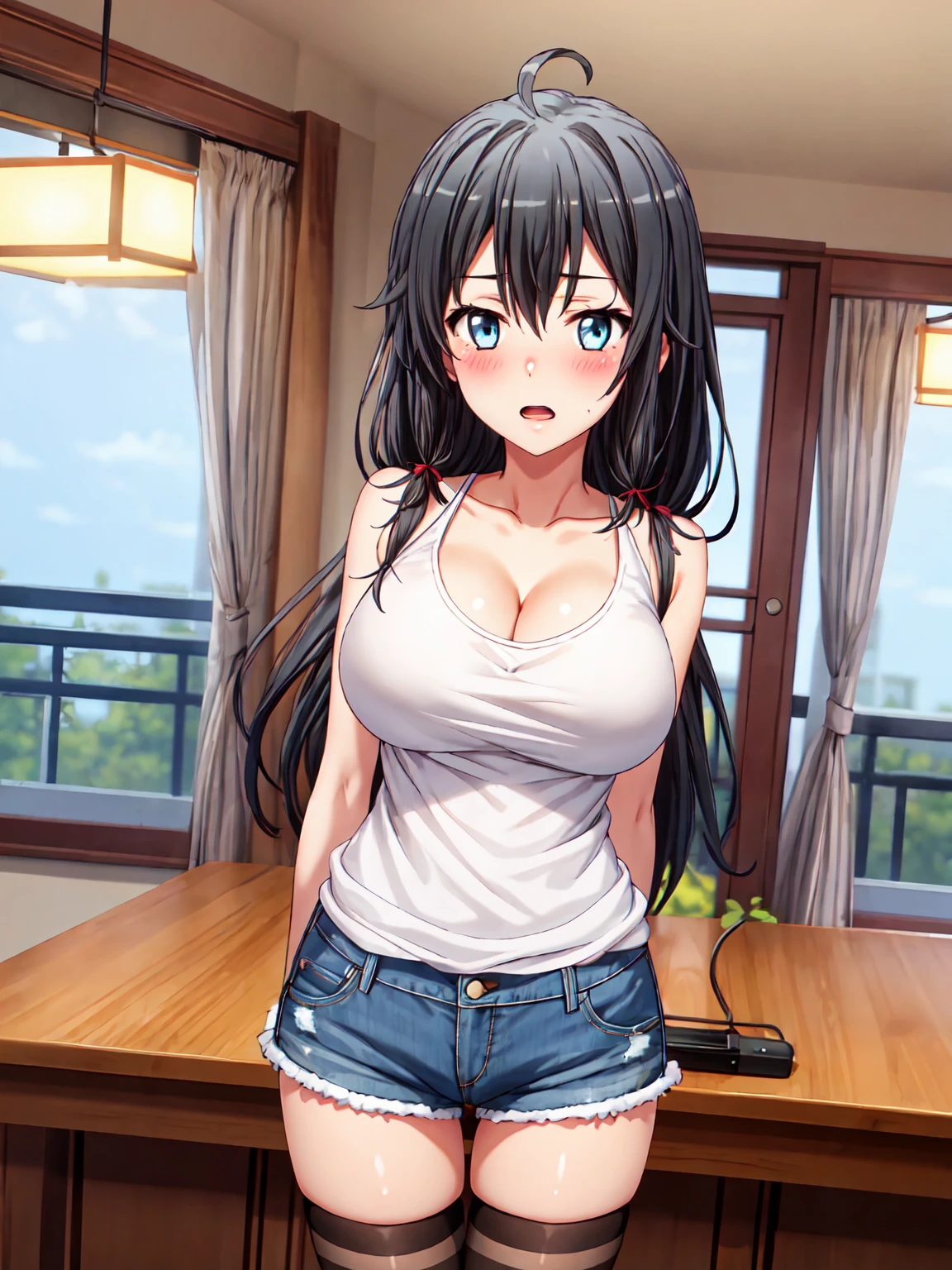 Masterpiece ,best quality , high resolution , (1 girl solo:1.38) , (yukino yukinoshita, black hair, blue eyes, long hair, ahoge) , (cleavage:1.1) , (big breast:1.06) , (denim_micro_short , top tank , stockings , sleeveless) , (face view , look at view ) , (arms behind back , hands behind back) , ( windows , indoor, room , night , lamp ) , (standing , thighs ) , (cowboy_shot) , ( open mouth , full face blush , shy )