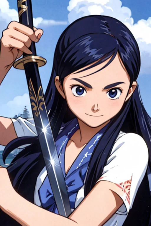 masterpiece, Highest quality, One high school girl,Very detailed,Black eyes,European facial structure,,Natural Beauty,Cinematic,Breasts are moderately sized 10.0,An expression of joy,Open Mouth Smile,Student uniform 10.0,Cleavage,Samurai Sword Drawing Technique 1000.0,A samurai unsheathing his sword 1000.0,The length of the sheath is 1.5 m,Powerful and powerful pose 5.0,Extremely fine and intricate detail,Skilled Technology,Low posture,